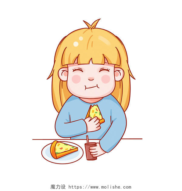 人物吃披萨卡通手绘吃披萨的女孩png素材披萨美食元素